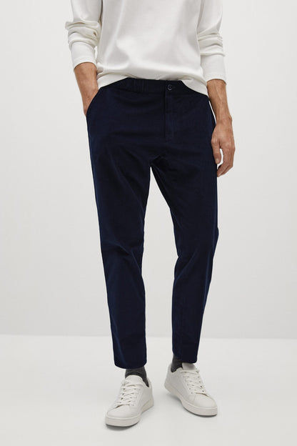 Mango navy slim-fit trousers with button closure and belt loops