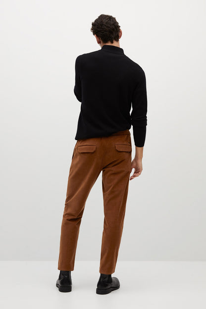 MANGO tobacco brown trousers from back with belt loops and tapered legs, full length