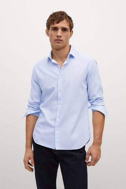 Men's sky blue button-up shirt with long sleeves and open collar