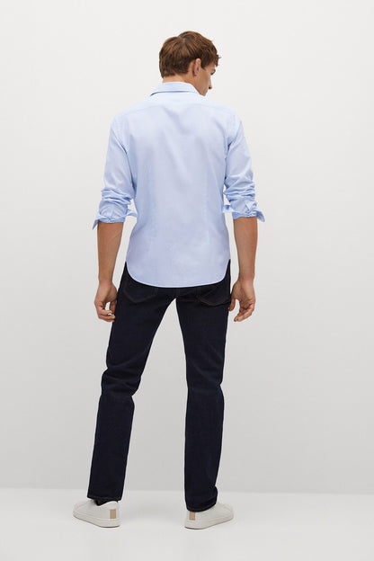 Men's sky blue button-up shirt back view with long sleeves and button cuffs