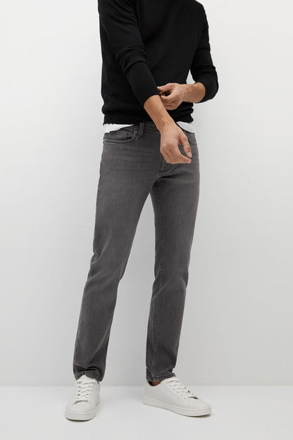 Denim grey straight-leg jeans with belt loops, zip fly, and five-pocket design