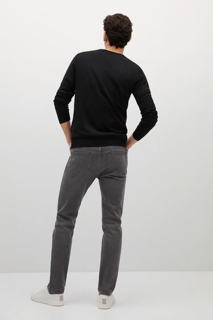 Back view of denim grey straight-leg jeans with belt loops and five-pocket styling