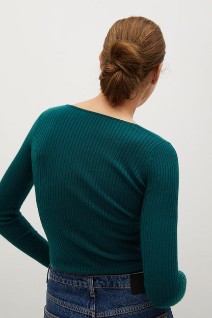 MANGO ribbed knit long-sleeve sweater, emerald green, ribbed back
