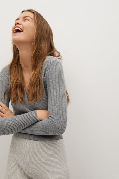Grey ribbed knit wrap V-neck long-sleeve top with matching shorts