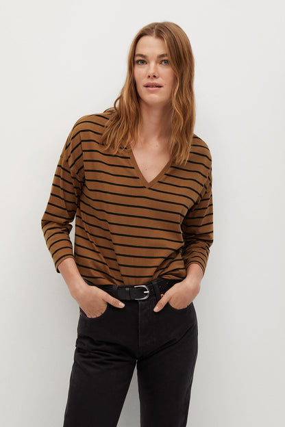 Camel and black striped V-neck long-sleeve top