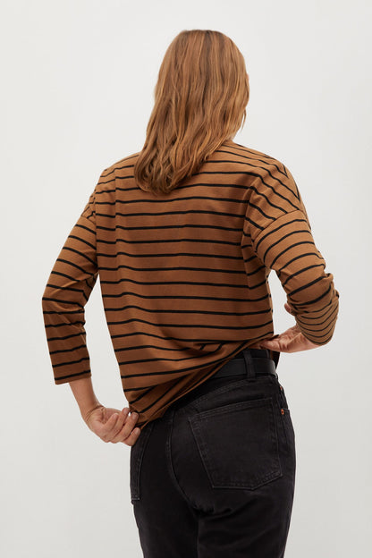 Camel and black striped V-neck long-sleeve top, back view