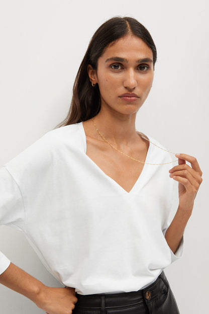 MANGO white V-neck blouse detail, soft drapey fabric