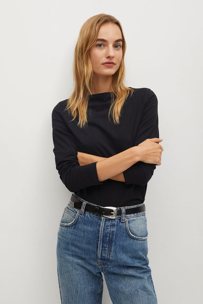 Black long-sleeve crewneck top with fitted sleeves and cuffs