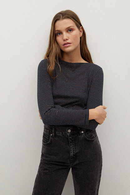 Navy striped long-sleeve knit top with crew neck