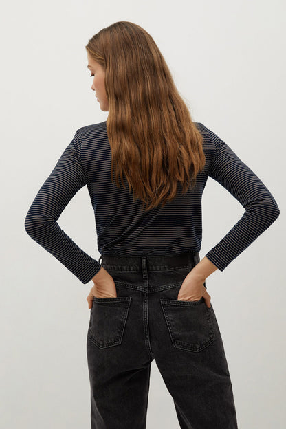 Navy striped long-sleeve knit top, crew neck back view