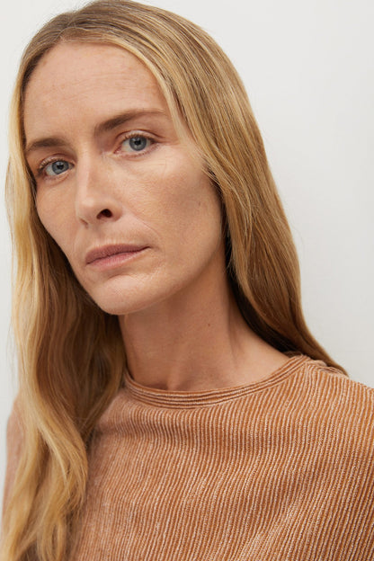 MANGO brown crewneck knit top with fine vertical texture and ribbed neckline