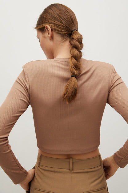 Camel long-sleeve fitted crop top, back view