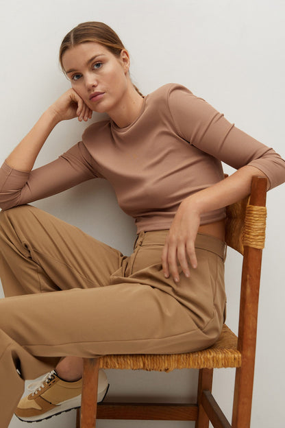 Camel long-sleeve fitted crop top with curved neckline detail