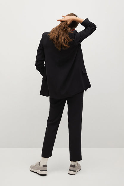 Black tie-waist tapered trousers with drawstring at front waist