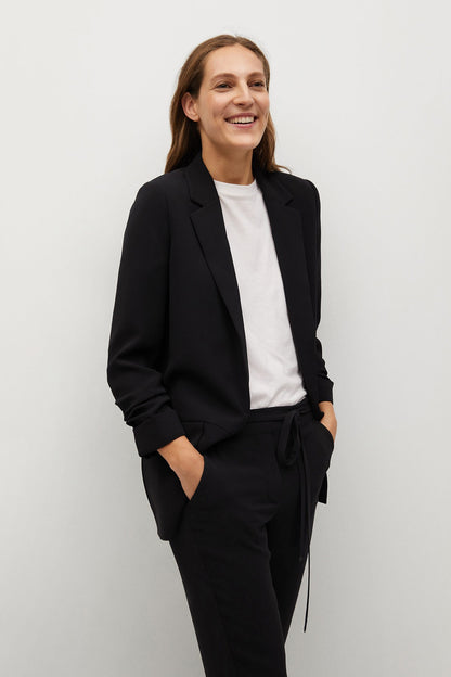 Black tie-waist trousers with straight tapered fit and front drawstring