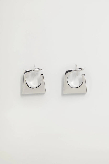 Silver hoop earrings with square backing and small clasp, front view