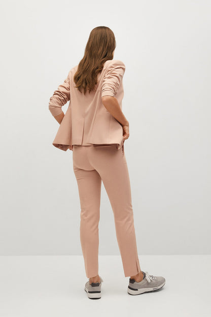 Peach blazer and trousers set, blazer with notched lapel and back view