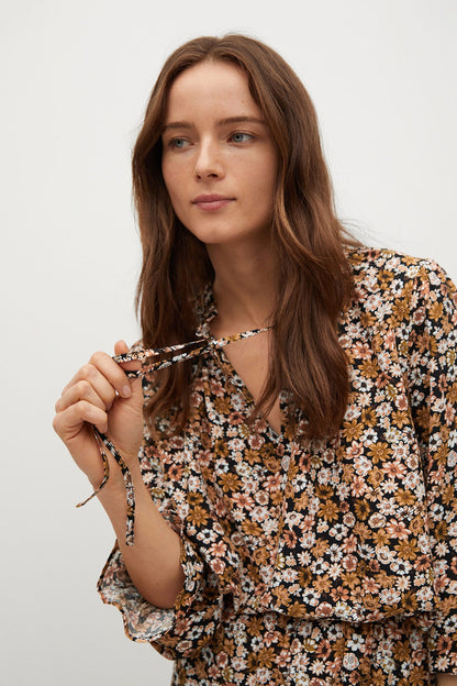 MANGO dark floral long-sleeve dress with ruched neckline and tie detail