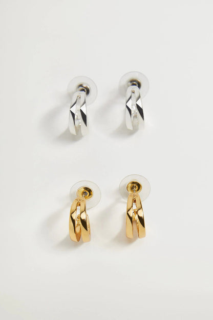 Gold and silver hoop earrings, geometric ribbon-style dangles on stud back