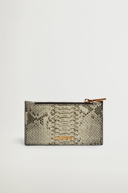 Grey snakeskin-effect MANGO zip pouch with centered logo and gold-tone zipper