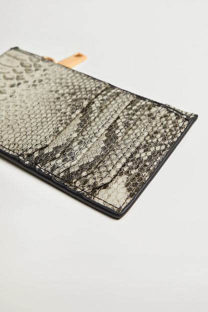 Grey snakeskin-effect card holder pouch, zip edge and black-trim detail