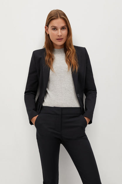 Black tailored trousers with slim straight leg and front pockets