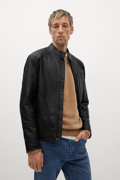 MANGO black leather jacket with front zipper and stand collar