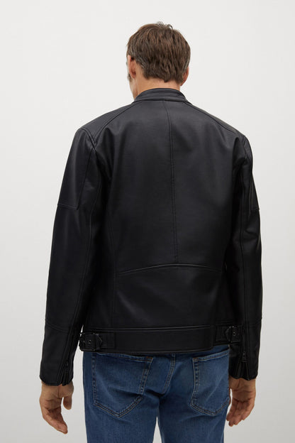 MANGO black leather jacket, back view with stitched yoke and hem