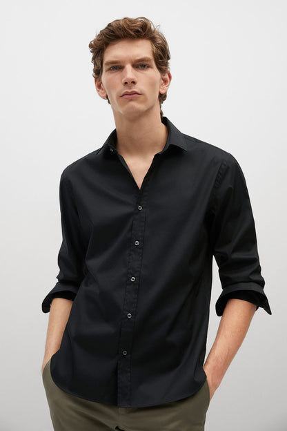 Black button-up dress shirt with long sleeves and open collar