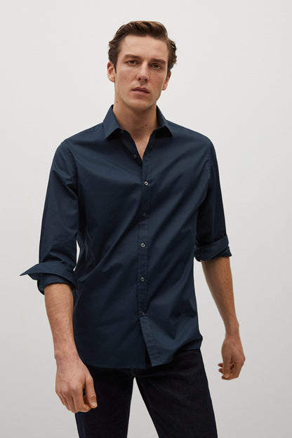 MANGO navy button-up shirt with long sleeves and dark buttons