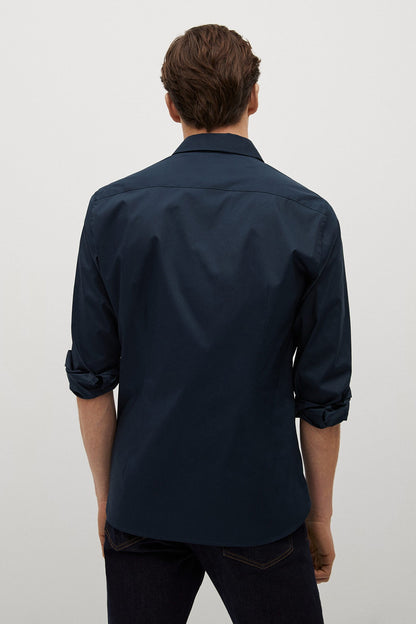 MANGO navy button-up shirt back view with long sleeves and button cuffs