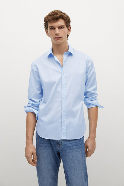 MANGO sky blue button-up shirt with buttoned collar, long sleeves