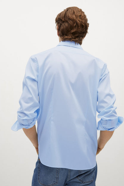 MANGO sky blue button-up shirt, back view with long sleeves and yoke