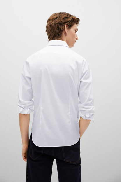 White button-up shirt back view with long sleeves and buttoned yoke
