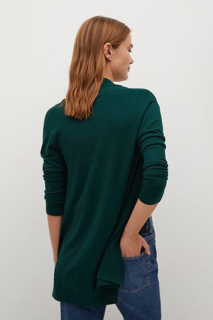 MANGO dark green cardigan back view with long sleeves and open front