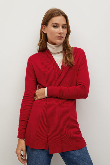 MANGO red textured knit blazer-style top, V-neck, long sleeves, button-front detail