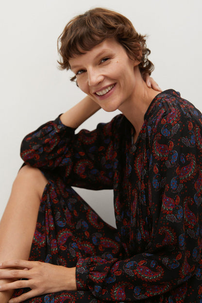 MANGO women's black patterned midi dress with long sleeves