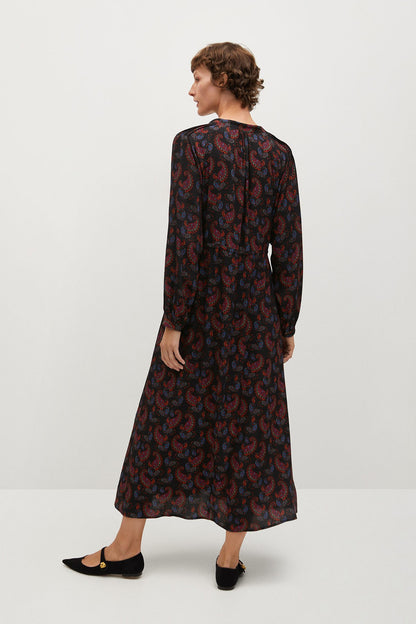 MANGO women's black patterned midi dress, long sleeves, full length side view