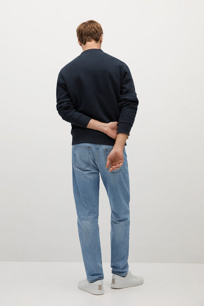 Men's dark navy crewneck sweatshirt, back view, ribbed cuffs and hem