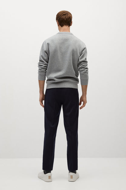 Men's heather grey crewneck sweatshirt back view with long sleeves and ribbed cuffs