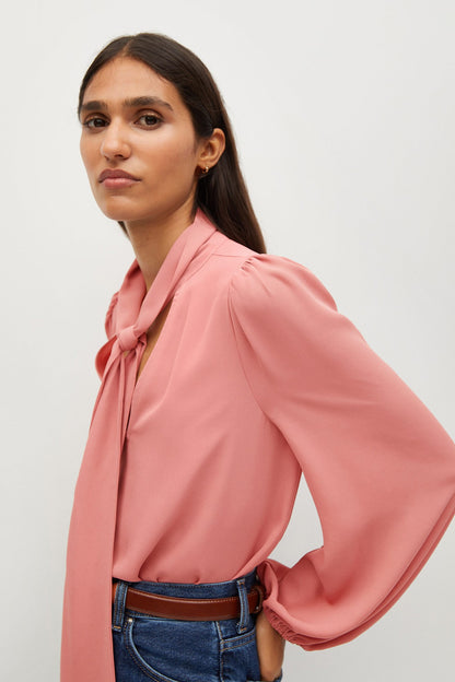 MANGO pink blouse with tied neck and long sleeves