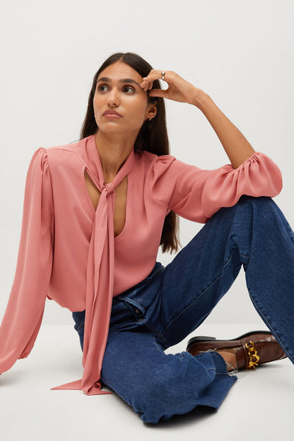 MANGO pink blouse with tied bow neck and long billowy sleeves