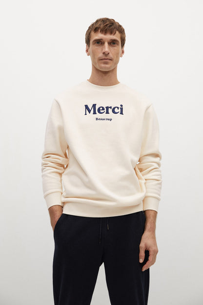 MANGO off-white crewneck sweatshirt with 'Merci' graphic on chest