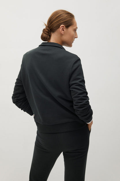 Charcoal zip-up sweatshirt back view with stand collar and long sleeves