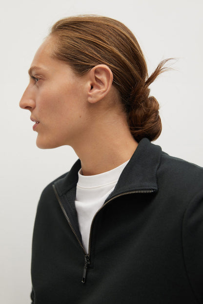 Charcoal quarter-zip sweatshirt with high collar, visible zipper