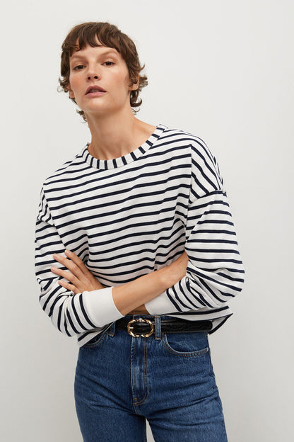 Navy-and-white striped crewneck long-sleeve top