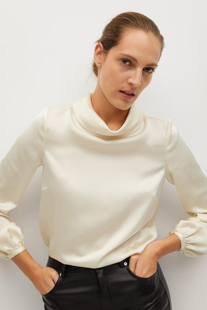 Ecru long-sleeve satin blouse with draped cowl neckline and puffed cuffs