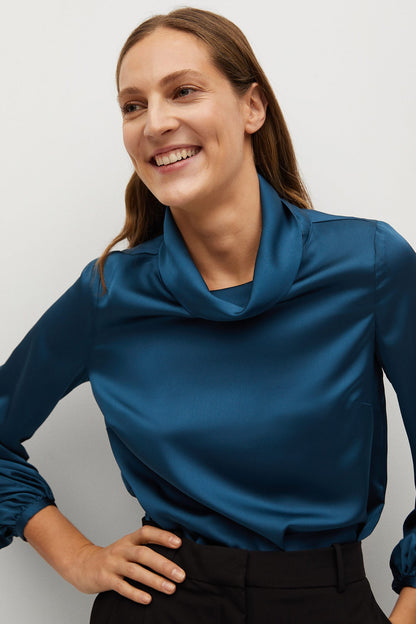 Petrol blue cowl-neck long-sleeve top with draped neckline