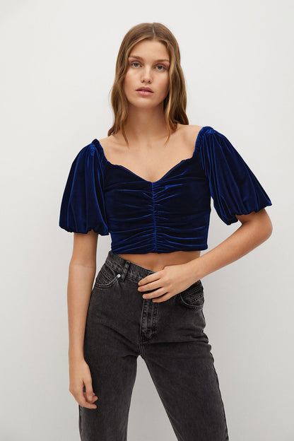 Blue velvet ruched sweetheart cropped top with short puff sleeves