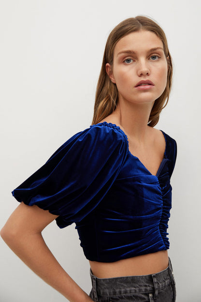 Blue velvet ruched cropped top with puff sleeves, gathered neckline